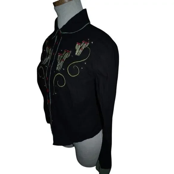 Collectif London Western Cactus Embroidered Shirt Black Red Buttons Size S UK 10 - Picture 5 of 12
